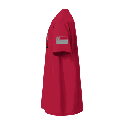 Red Los Angeles Tee with American flag on sleeve, side view, casual unisex fit