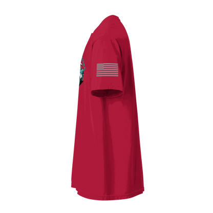 Red classic t-shirt with American flag print on sleeve, soft cotton fabric, relaxed unisex fit for casual wear