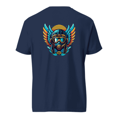 Navy t-shirt with vibrant blue and orange flight helmet graphic on the back