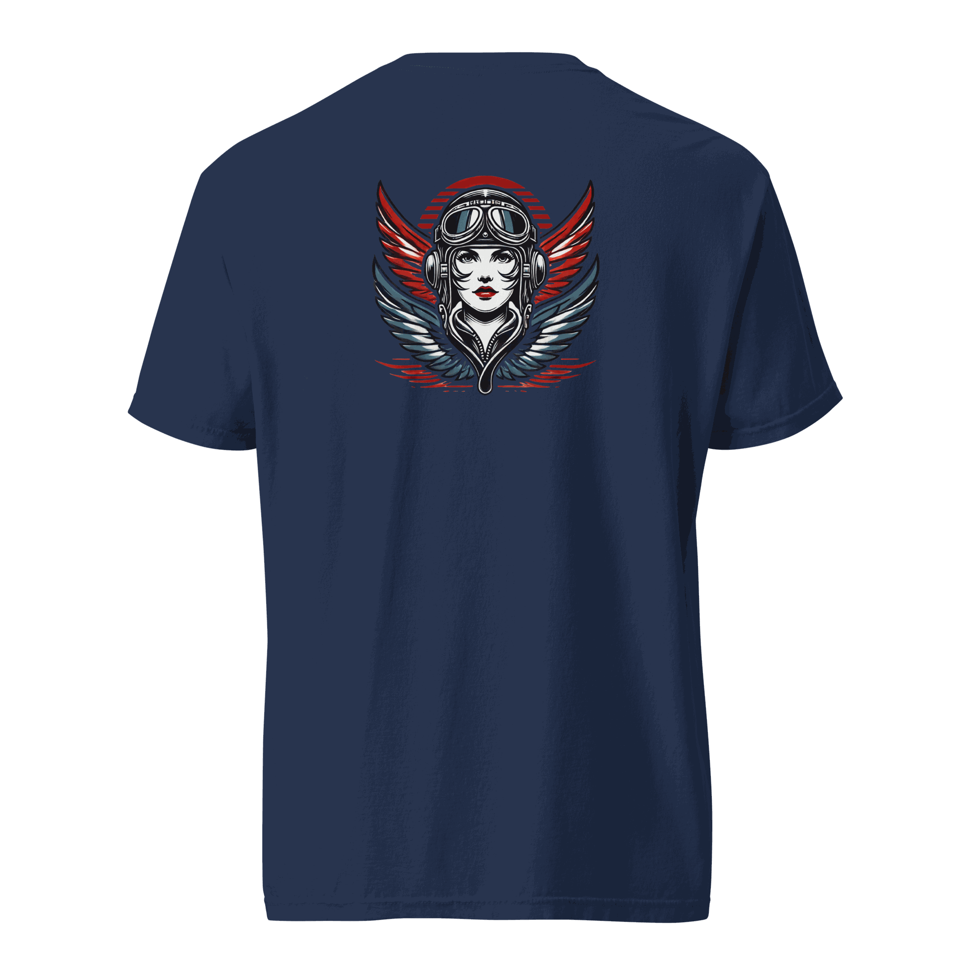Navy blue heavyweight cotton t-shirt with female wings helmet graphic on the back