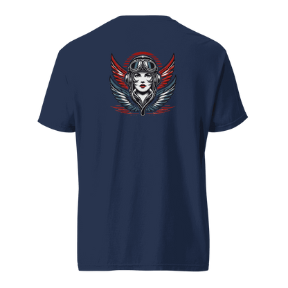 Navy blue heavyweight cotton t-shirt with female wings helmet graphic on the back