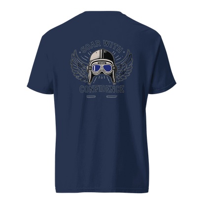Navy blue Flying Machine t-shirt with vintage aviator helmet and blue goggles graphic on the back, 100% cotton breathable fabric