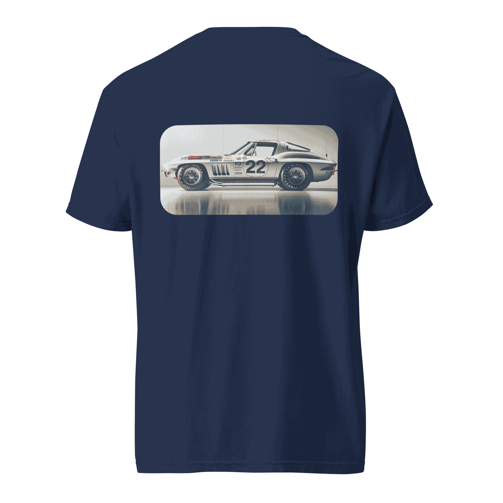 Navy Heritage Classic Car t-shirt with vintage car graphic on back, 100% ring-spun cotton, relaxed fit.