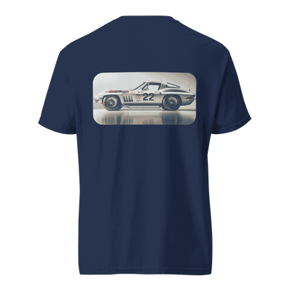 Navy Heritage Classic Car t-shirt with vintage car graphic on back, 100% ring-spun cotton, relaxed fit.