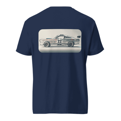 Navy Heritage Mustang Back T-shirt with vintage race car graphic on back, 100% cotton, heavyweight, unisex fit