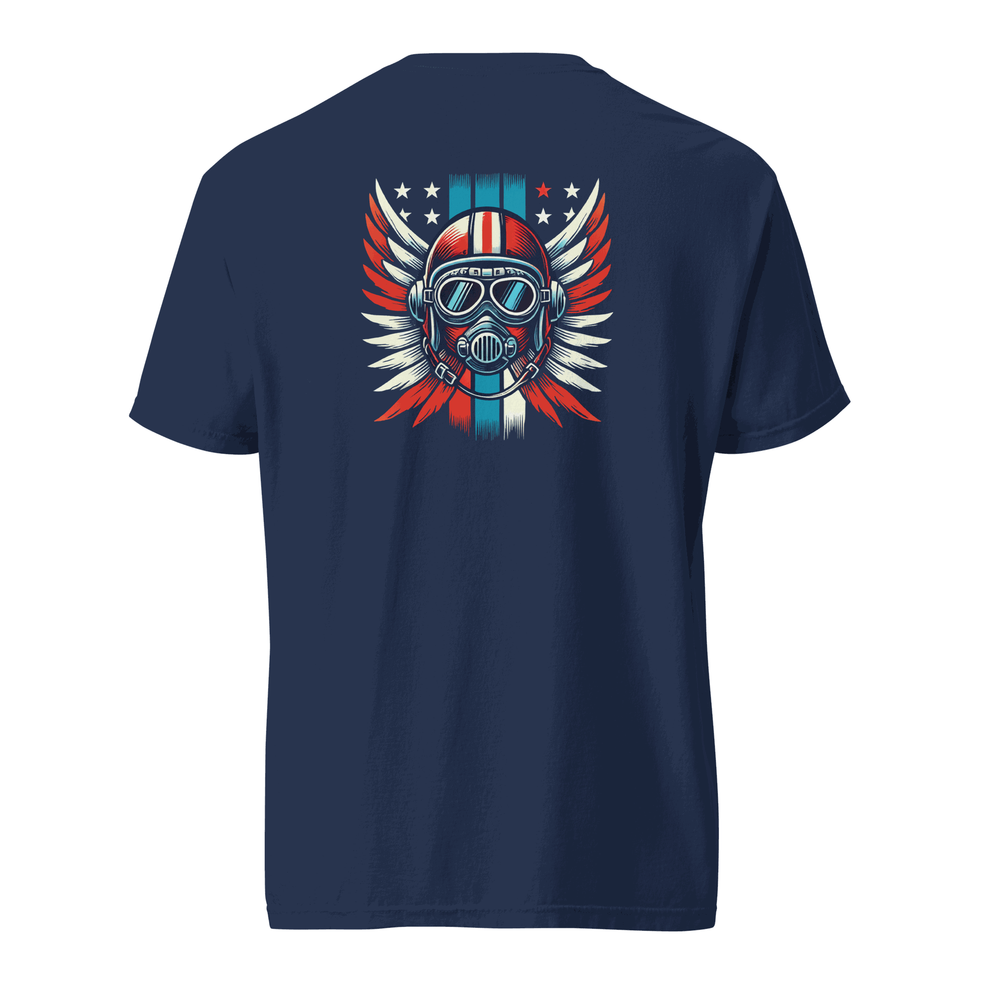Navy t-shirt with red white blue helmet graphic and wings design on back