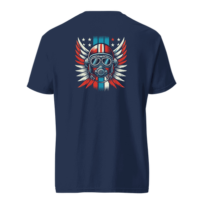 Navy t-shirt with red white blue helmet graphic and wings design on back