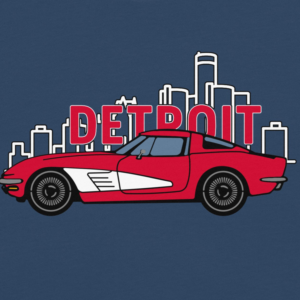 Detroit Corvette T-Shirt design featuring a red classic sports car in front of the Detroit skyline – perfect for Michigan car lovers and Motor City enthusiasts