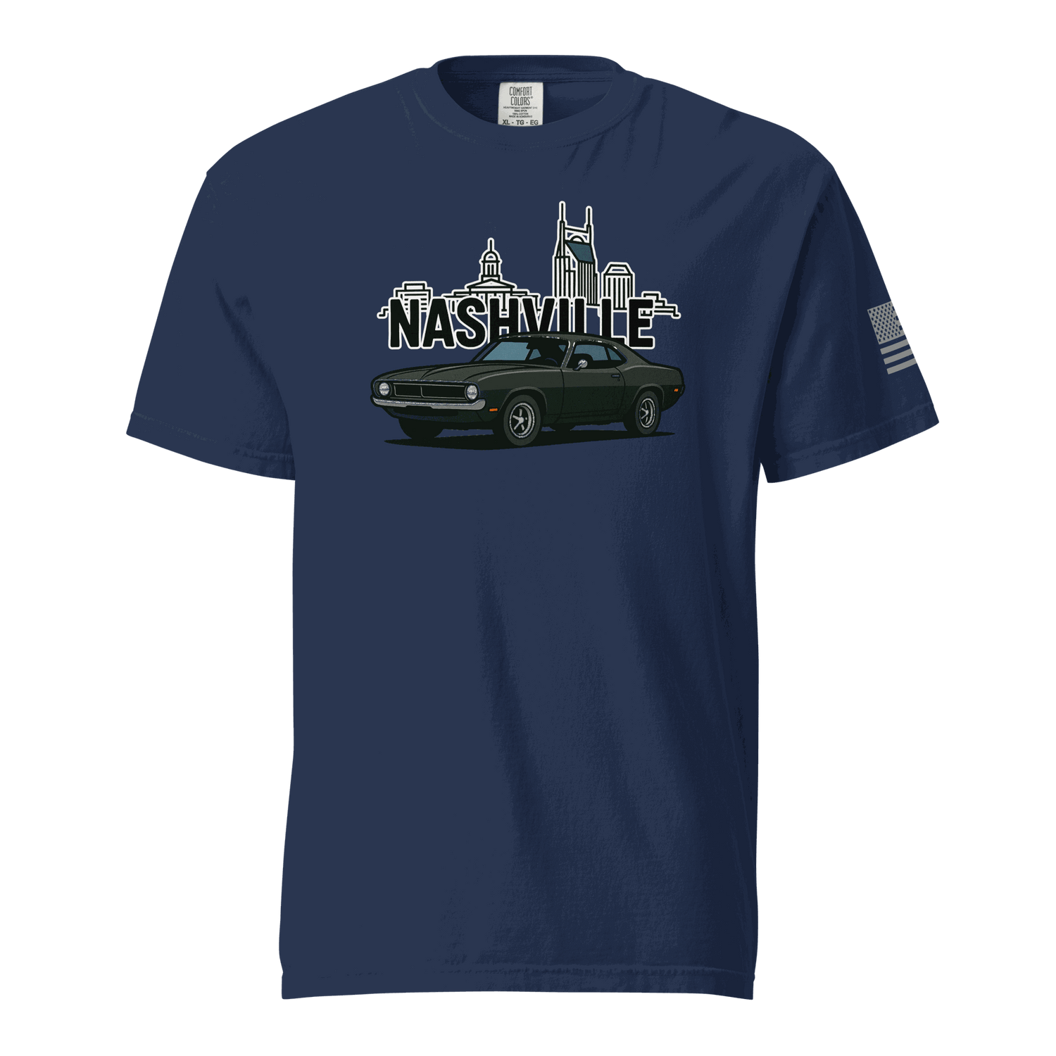 Nashville classic car t-shirt featuring a vintage car design with Nashville skyline in the background.