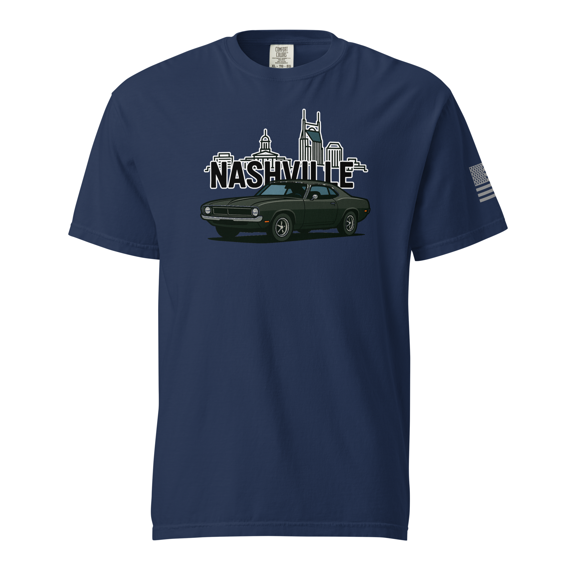 Nashville classic car t-shirt featuring a vintage car design with Nashville skyline in the background.