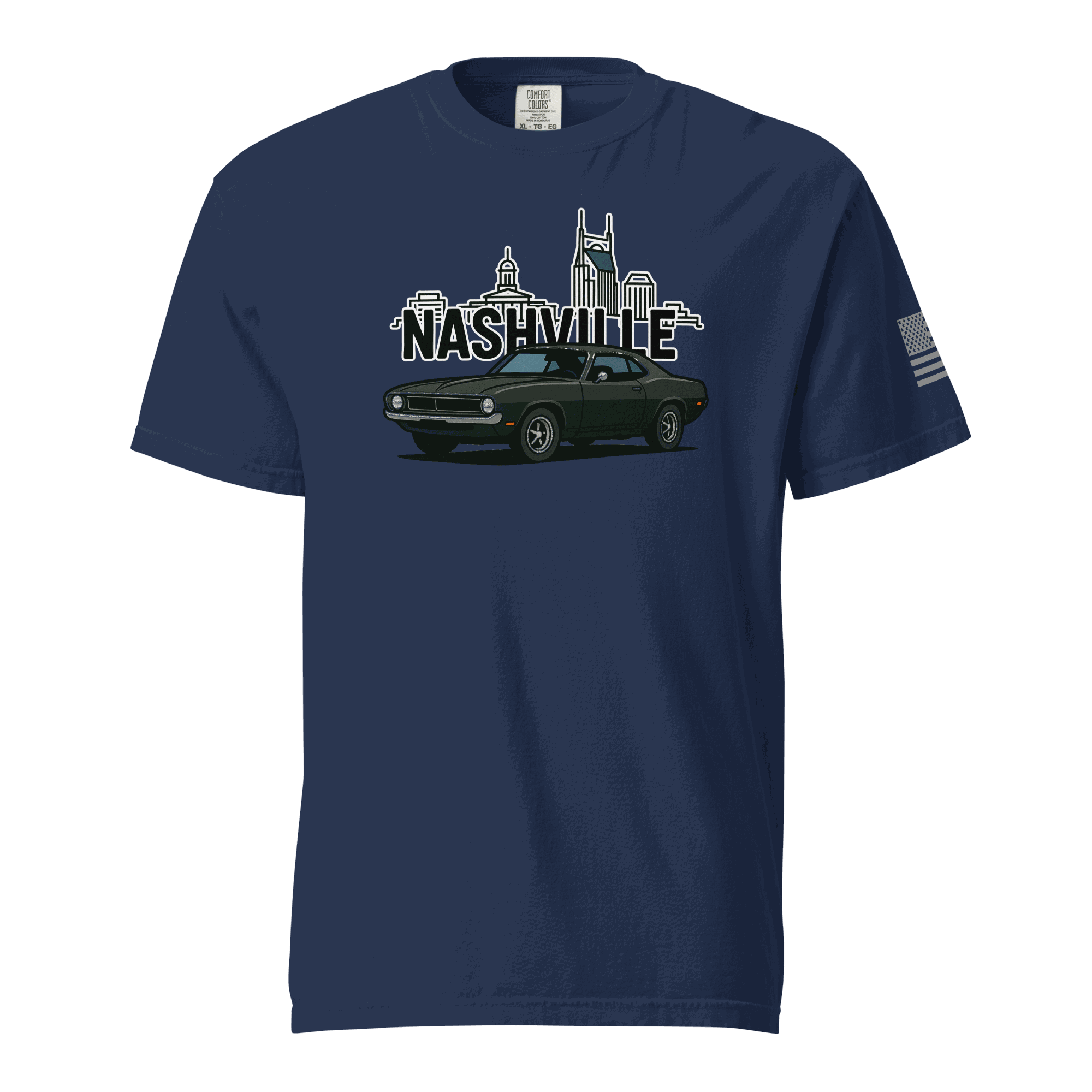 Nashville classic car t-shirt featuring a vintage car design with Nashville skyline in the background.