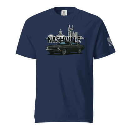 Nashville classic car t-shirt featuring a vintage car design with Nashville skyline in the background.