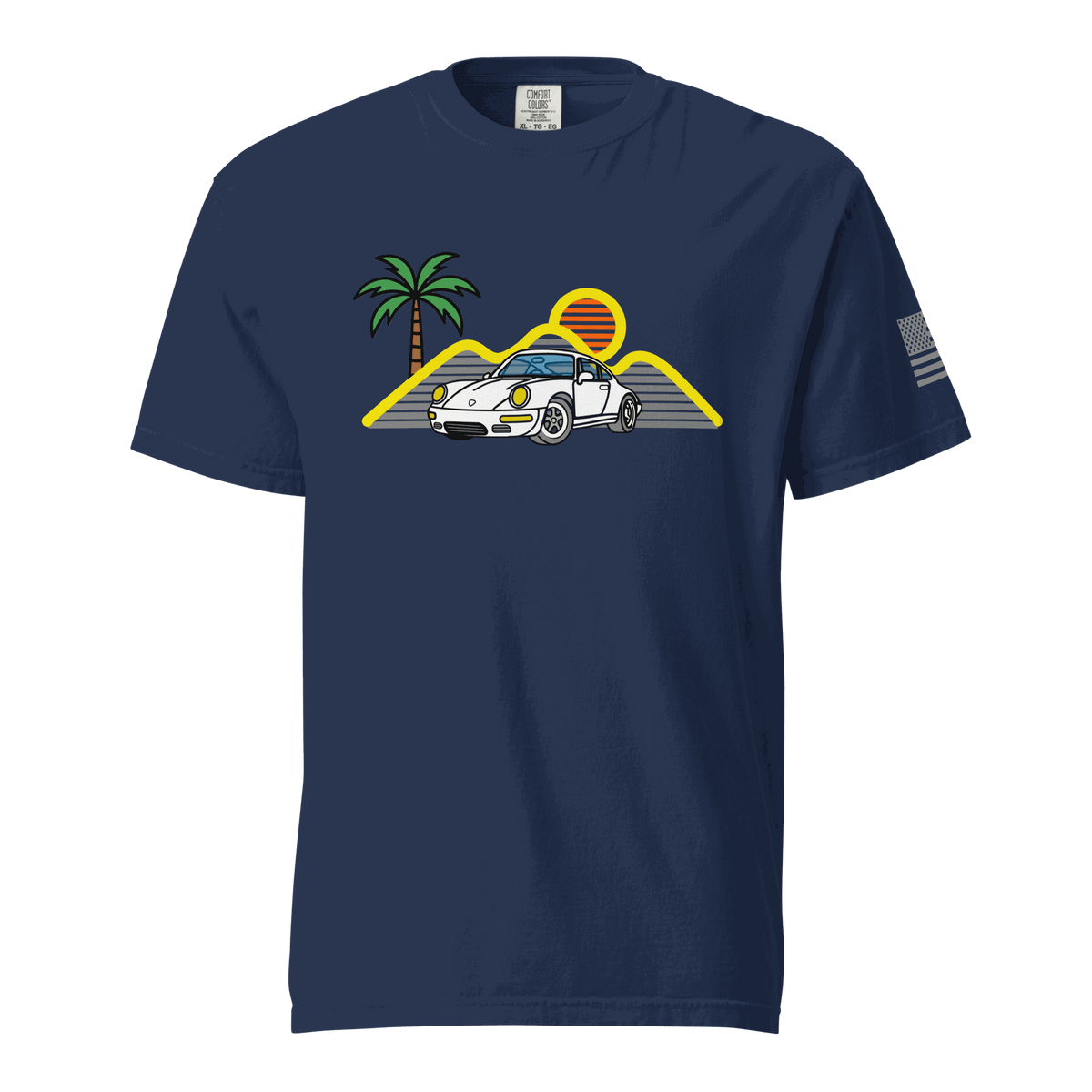 Sport car t-shirt with retro sunset and sleek sports car silhouette for car lovers and drivers