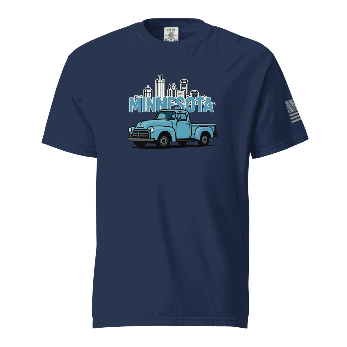 Navy t-shirt with Minnesota classic truck graphic and city skyline design