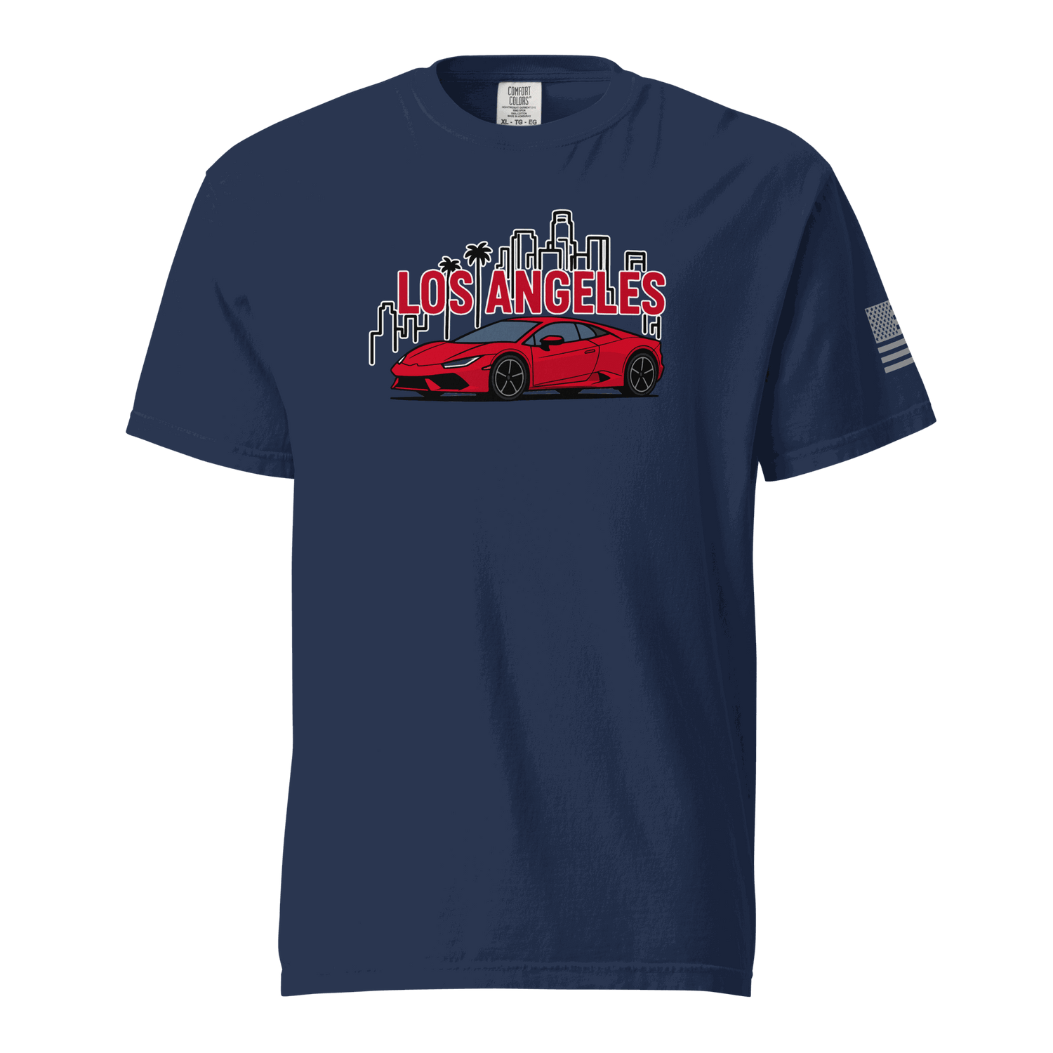 Navy Los Angeles Tee with red supercar and city skyline graphic, unisex fit cotton shirt.