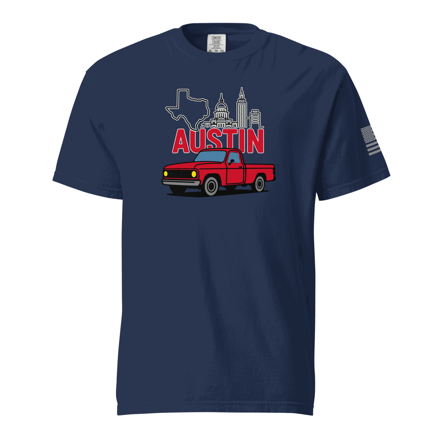 Austin Texas T shirt with vintage red truck and Austin skyline graphic, navy blue cotton tee