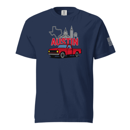 Austin Texas T shirt with vintage red truck and Austin skyline graphic, navy blue cotton tee
