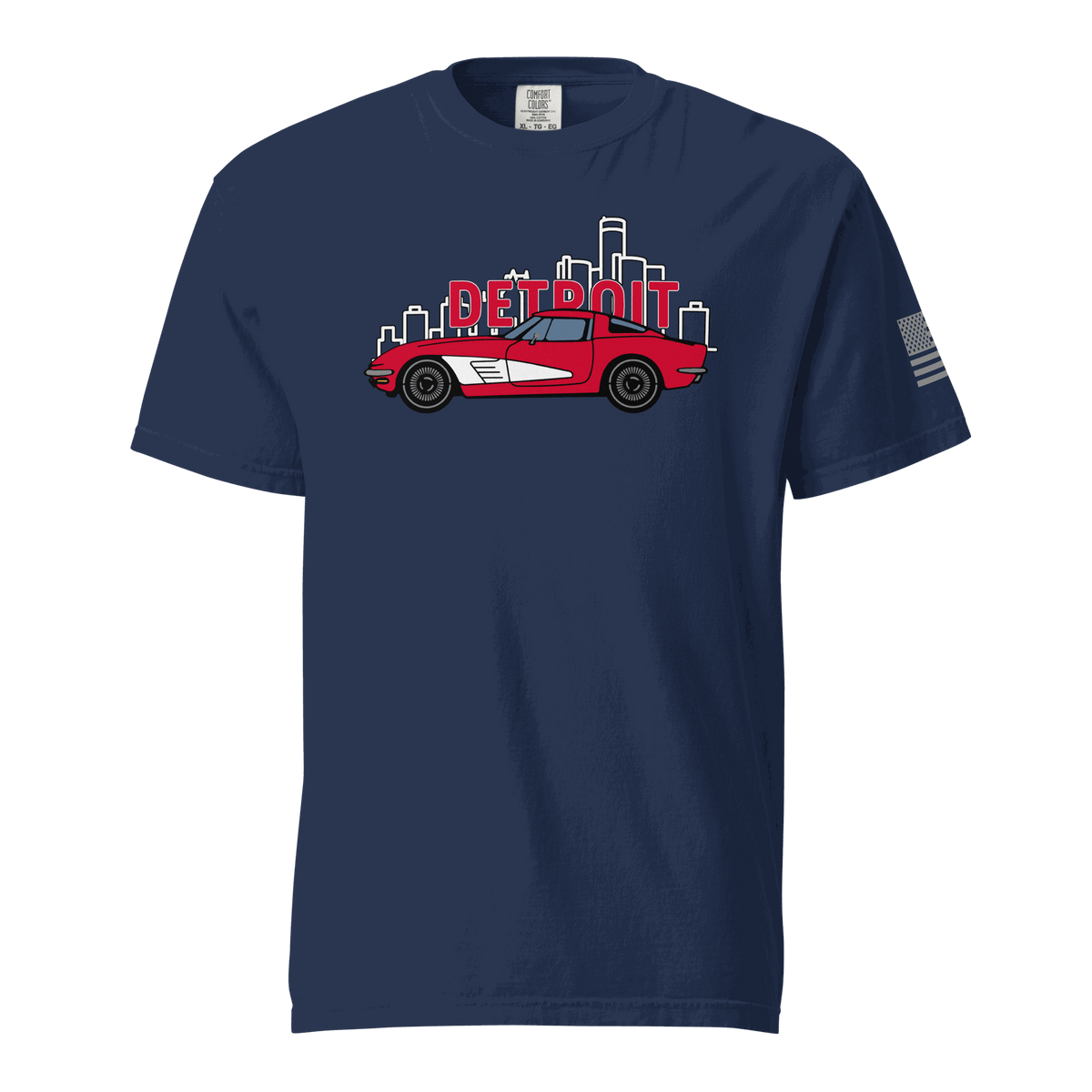 Navy Detroit Corvette T-Shirt with red classic car and Detroit skyline graphic on front