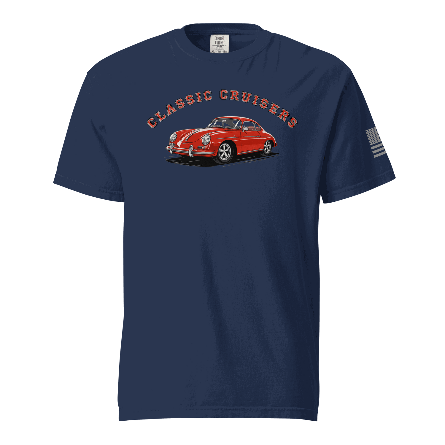 Varsity Sports Car navy heavyweight cotton t-shirt with classic red car graphic and American flag sleeve print