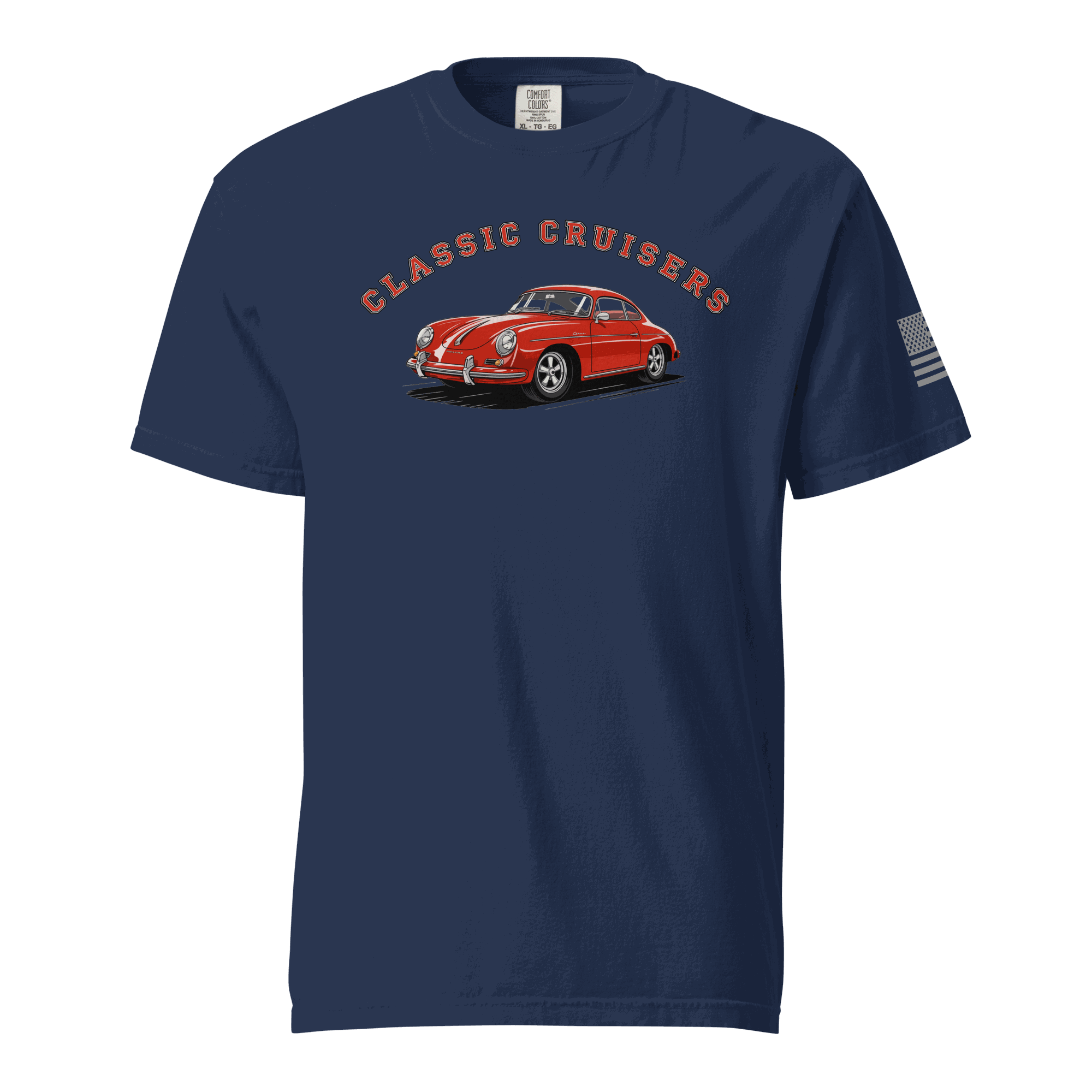 Varsity Sports Car navy heavyweight cotton t-shirt with classic red car graphic and American flag sleeve print