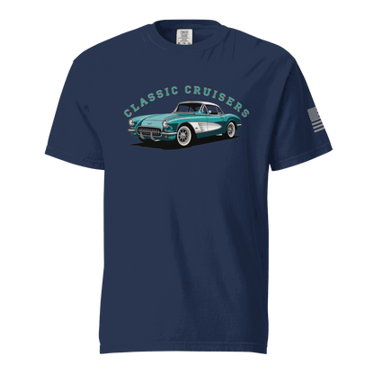 Classic T-Shirt navy with vintage car graphic and American flag on sleeve, soft cotton cruisers tee