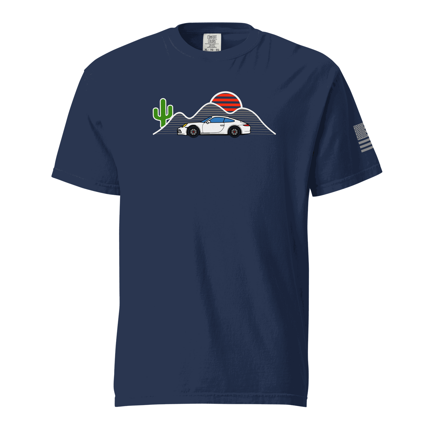 Navy Sunset Sports Car T-Shirt with retro sunset, mountain, cactus, and sports car design on front and American flag on sleeve