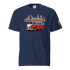 Vintage San Francisco t-shirt with classic red and white van and city skyline design on navy blue cotton tee