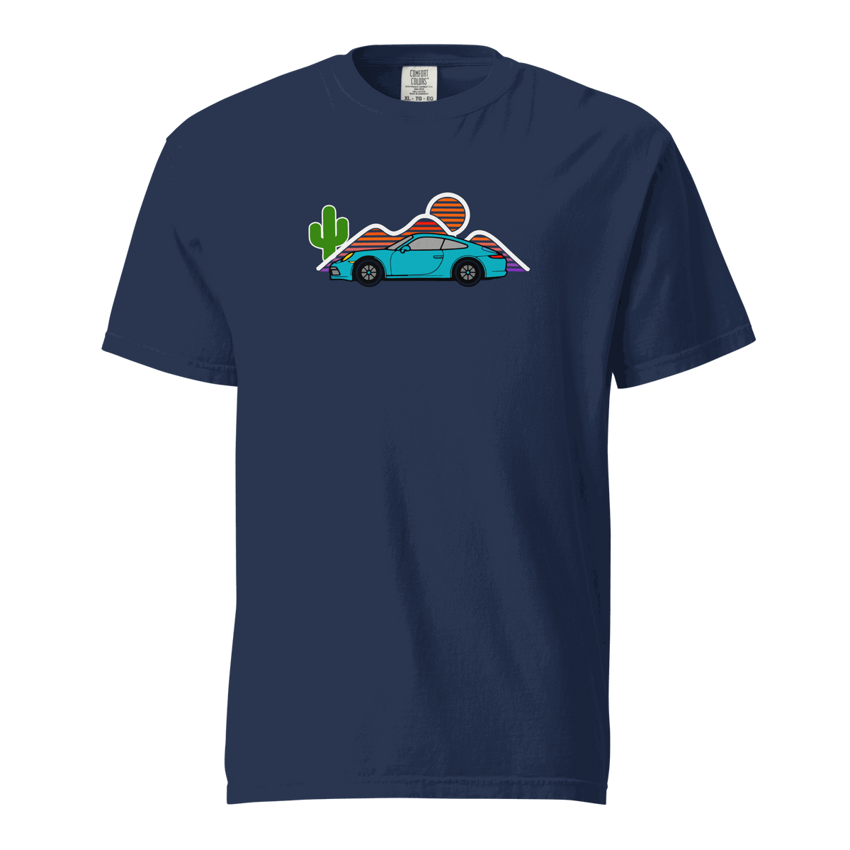 Sports car sunset t-shirt with vintage car and warm sunset colors on soft cotton fabric