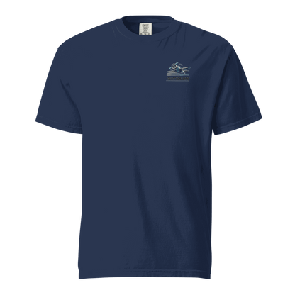 Blue and orange flight helmet graphic on navy blue heavyweight cotton t-shirt