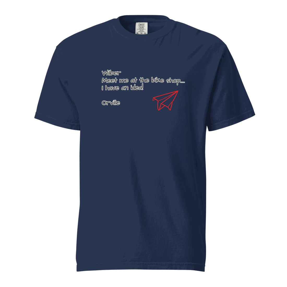 Bike Shop Wilbur navy unisex heavyweight cotton t-shirt with paper airplane design and text print