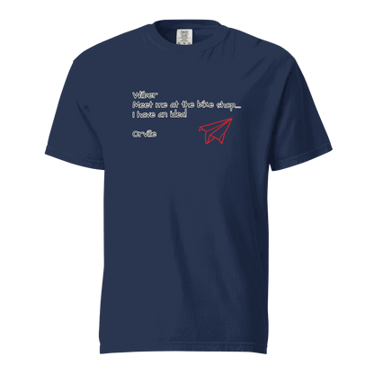 Bike Shop Wilbur navy unisex heavyweight cotton t-shirt with paper airplane design and text print