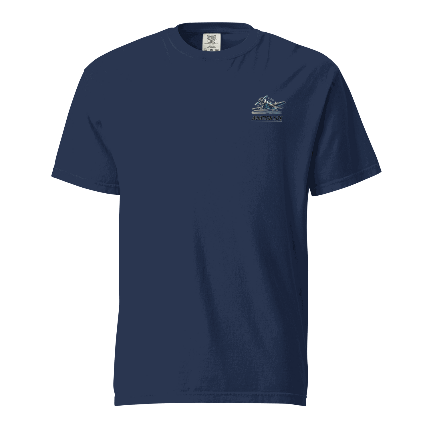Navy blue heavyweight cotton t-shirt with female wings helmet graphic on chest