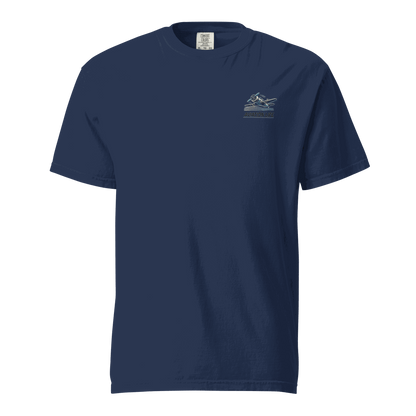 Navy blue heavyweight cotton t-shirt with female wings helmet graphic on chest