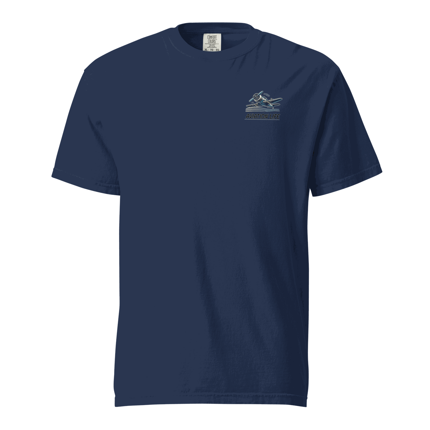 Navy blue Flying machine t shirt with small aviation design, 100% ring-spun cotton breathable fabric
