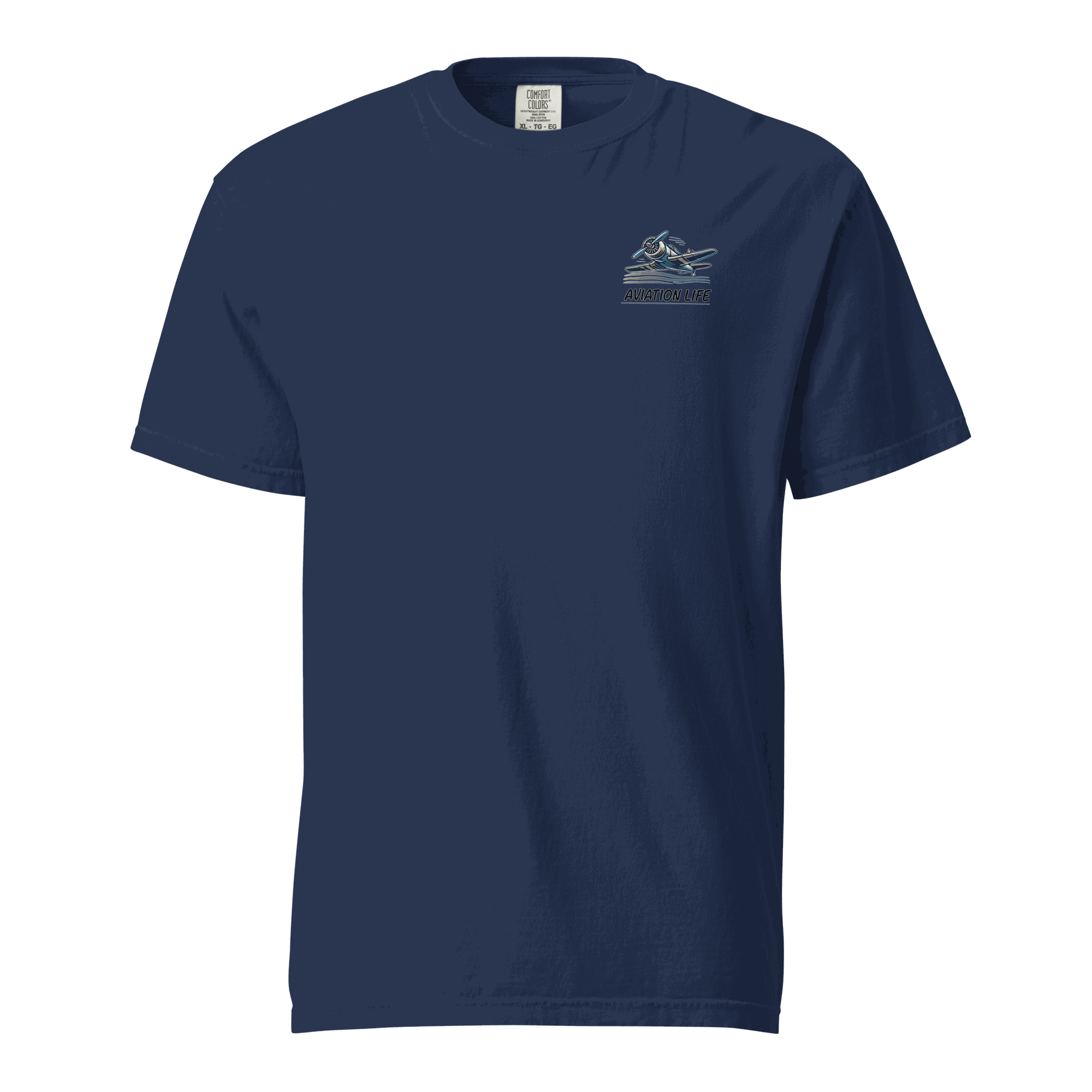 Navy blue Flying machine t shirt with small aviation design, 100% ring-spun cotton breathable fabric