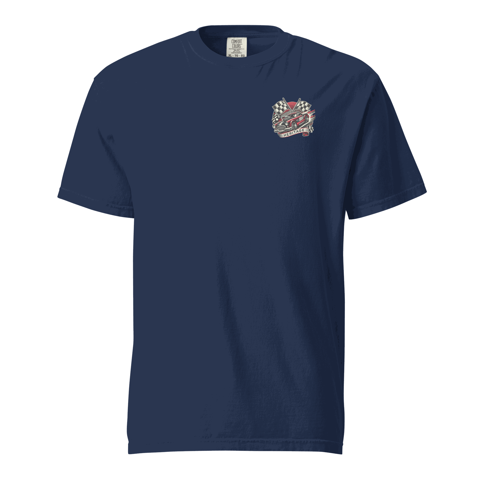 Heritage Mustang Back navy blue heavyweight cotton t-shirt with small chest graphic and relaxed fit