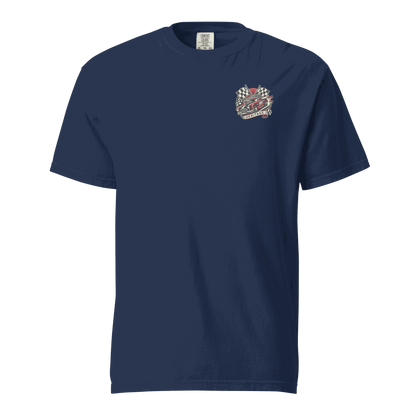 Heritage Mustang Back navy blue heavyweight cotton t-shirt with small chest graphic and relaxed fit