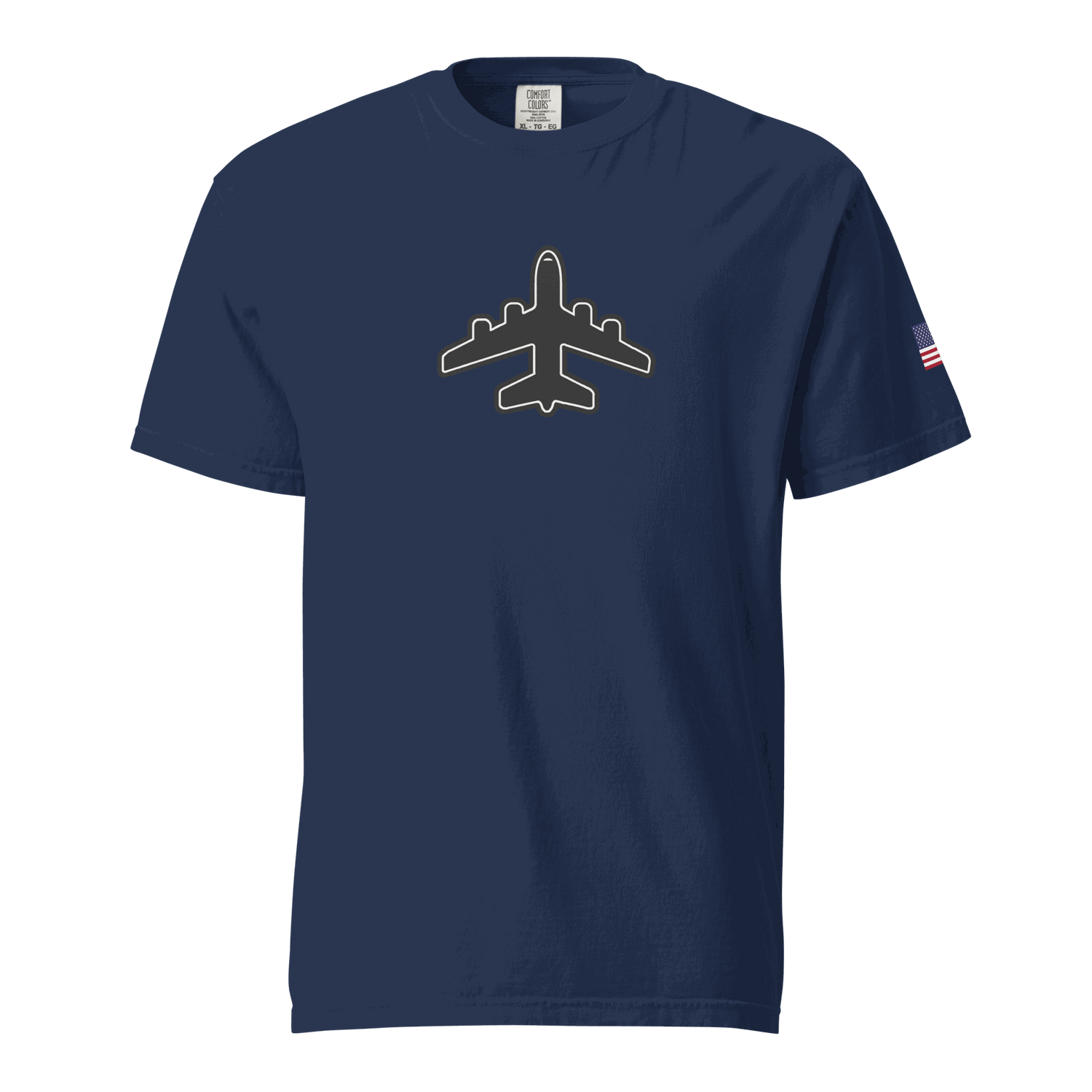 Jumbo Jet Unisex navy garment-dyed heavyweight t-shirt with airplane graphic and American flag sleeve patch