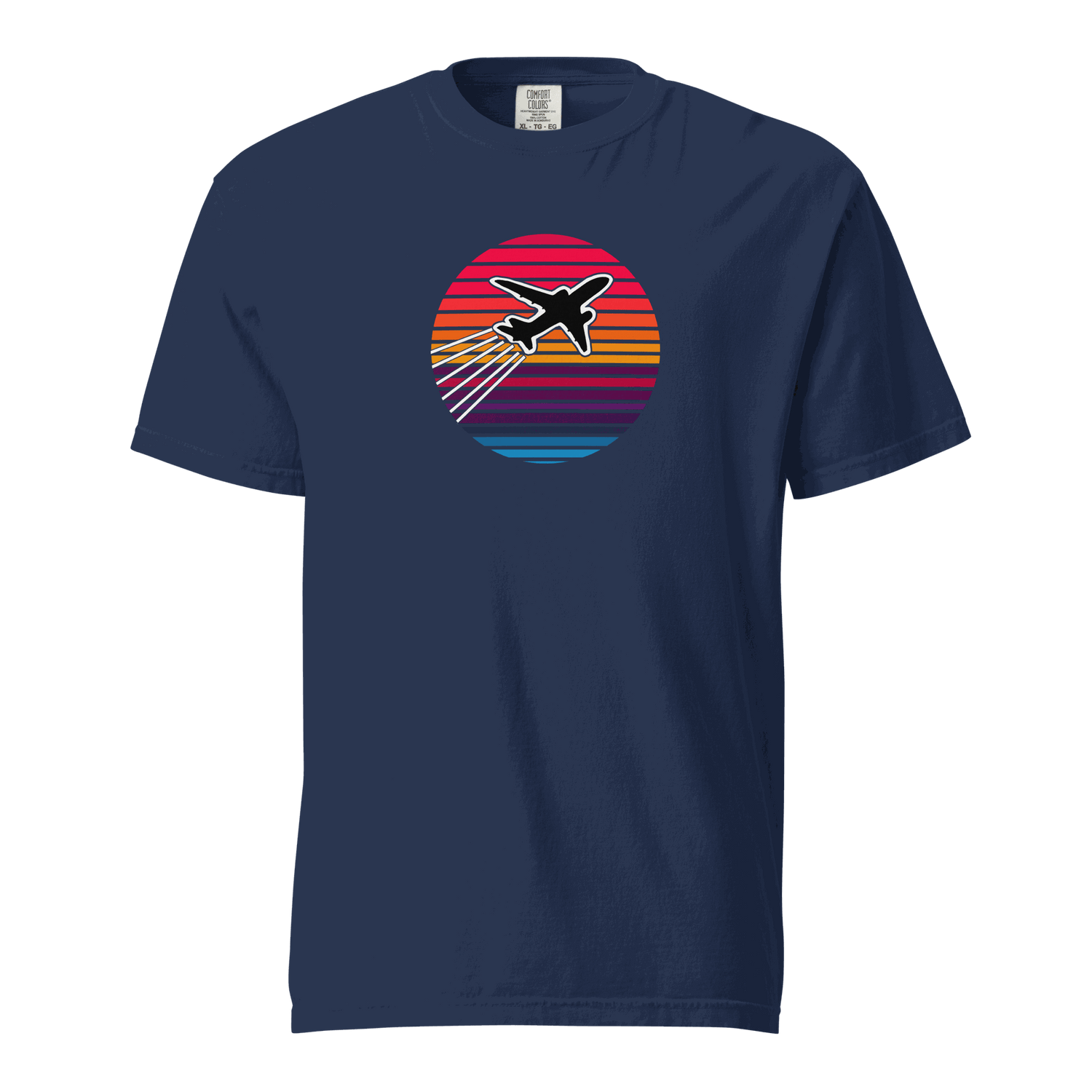 Sunset Flight unisex heavyweight navy t-shirt with airplane graphic and sunset stripes