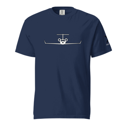 Navy blue unisex heavyweight cotton t-shirt with simple private jet graphic on front and logo on sleeve