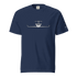 Navy blue unisex heavyweight cotton t-shirt with simple private jet graphic on front and logo on sleeve