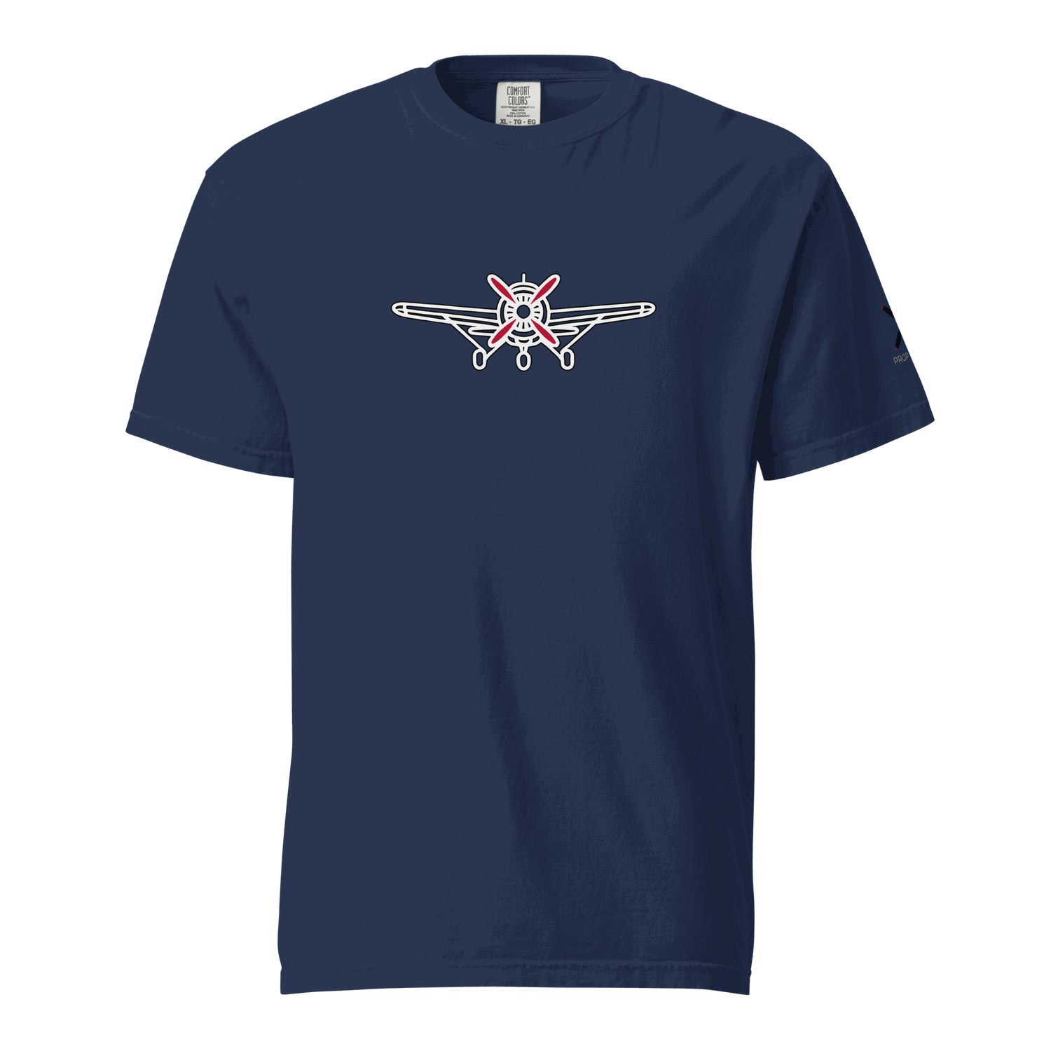 Navy blue Plane 5 thick structured tee with white and red airplane graphic, made of 100% ring-spun cotton, heavyweight, and breathable