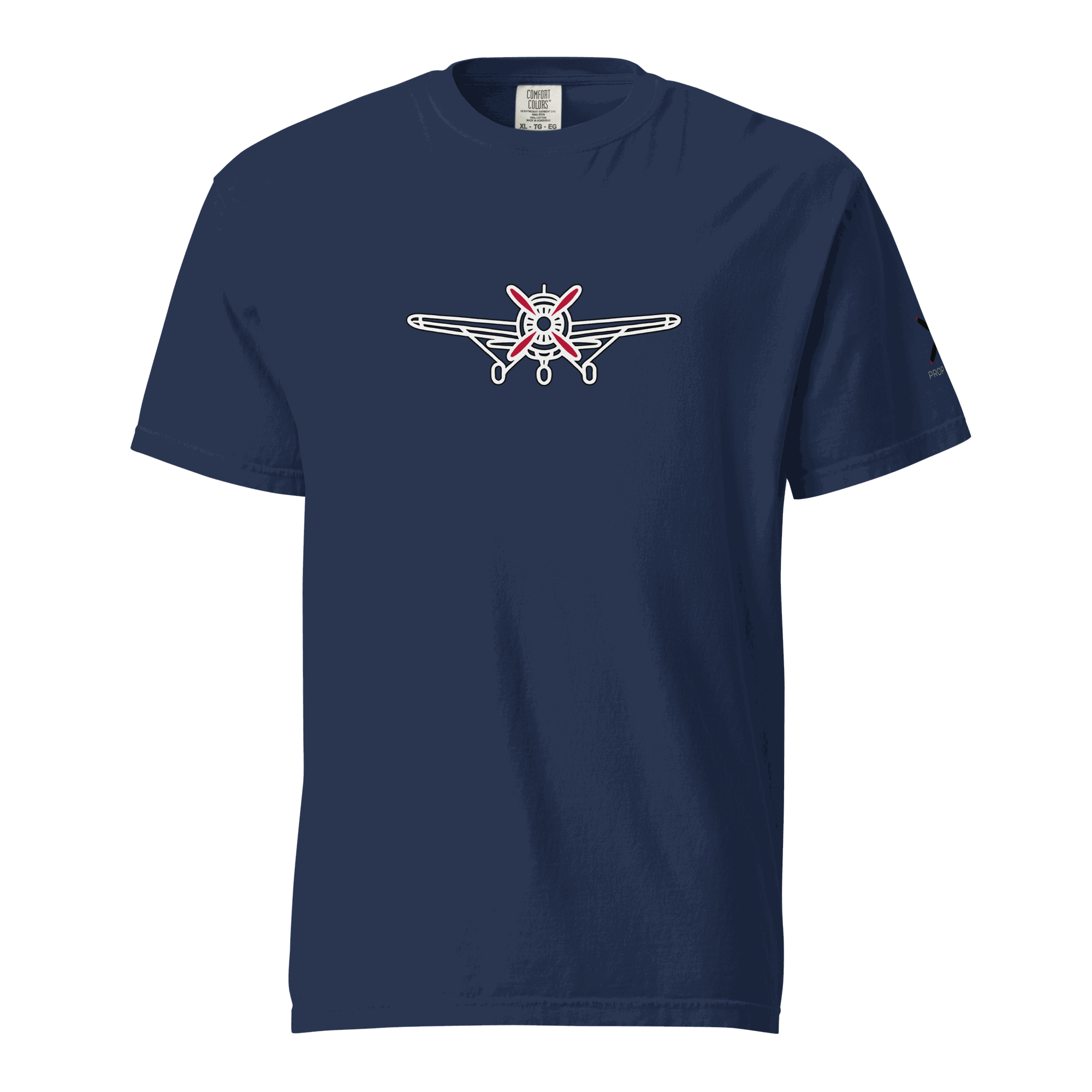 Navy blue Plane 5 thick structured tee with white and red airplane graphic, made of 100% ring-spun cotton, heavyweight, and breathable