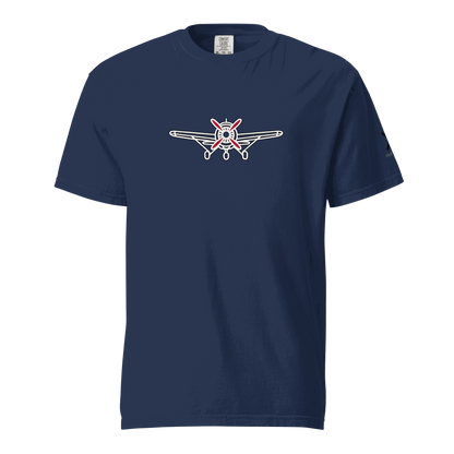 Navy blue Plane 5 thick structured tee with white and red airplane graphic, made of 100% ring-spun cotton, heavyweight, and breathable