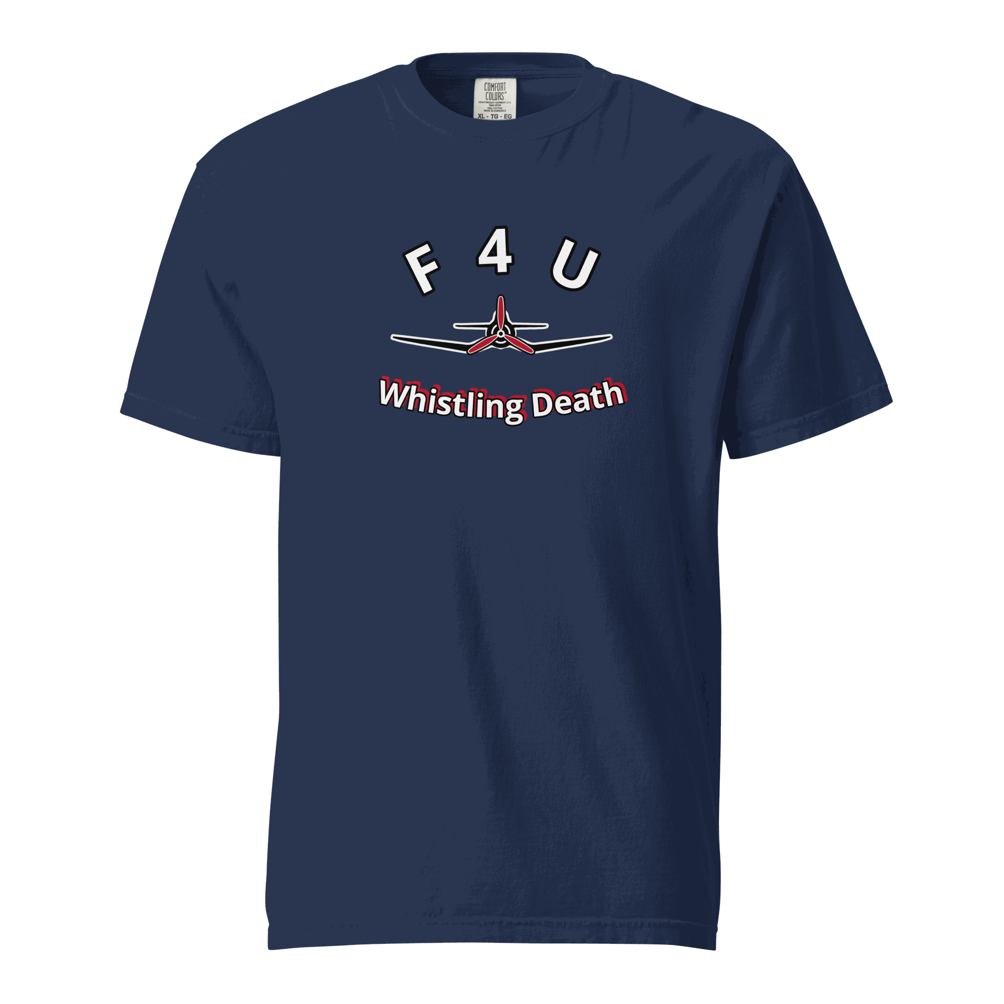 Navy F4U Whistling Death heavyweight t-shirt with airplane graphic and text on front, made of 100% ring-spun cotton.