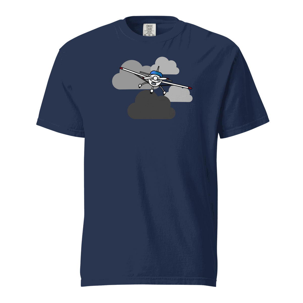 Vintage airplane graphic on unisex garment-dyed cotton t-shirt in clouds background