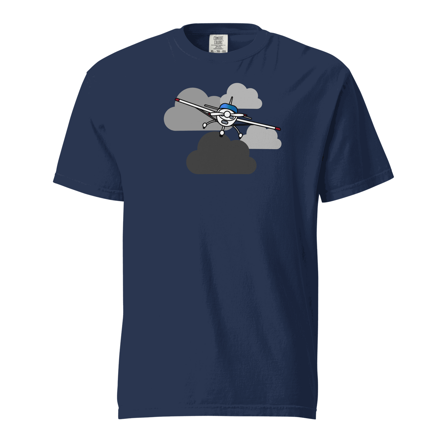 Navy unisex vintage airplane t-shirt with prop plane graphic and cloud design