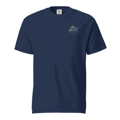 navy blue unisex heavyweight cotton t-shirt with Red White Blue Helmet logo on chest