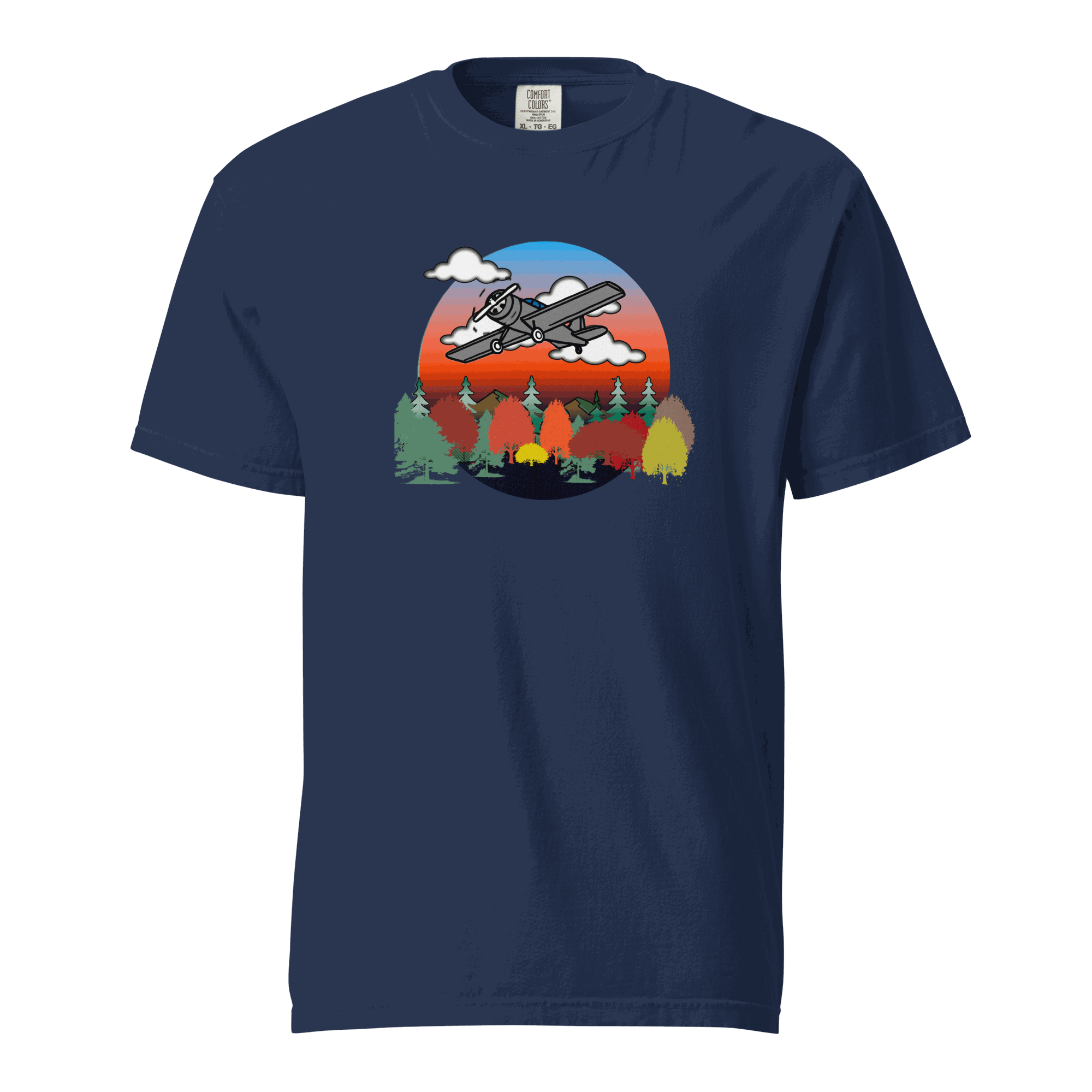 Navy unisex plane t-shirt with fall-themed propeller plane graphic and breathable cotton fabric