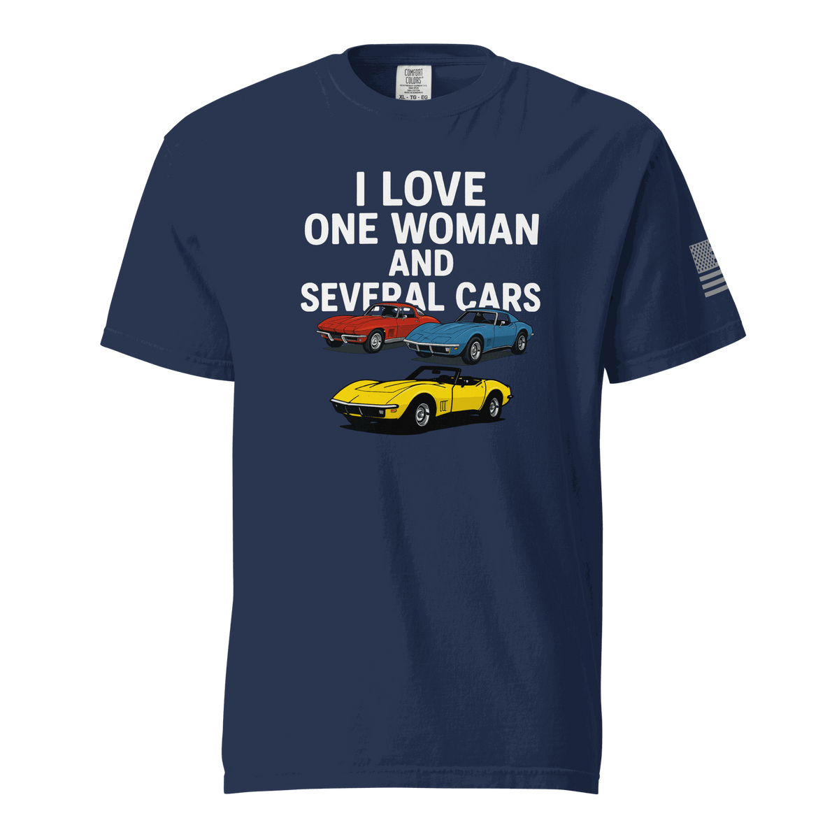 Black funny t-shirt with white text "Love one woman several cars" for car enthusiasts